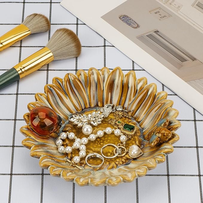 Sunflower Jewelry Dish Trinket Tray Ceramic Key Tray Bowl for Entryway Table, Sunflower Candy Dish Soap Holder Decorative Bowl for Home Decor Kitchen Sink Bathroom Counter (Bee, Ladybug)-Ruum Studio Home