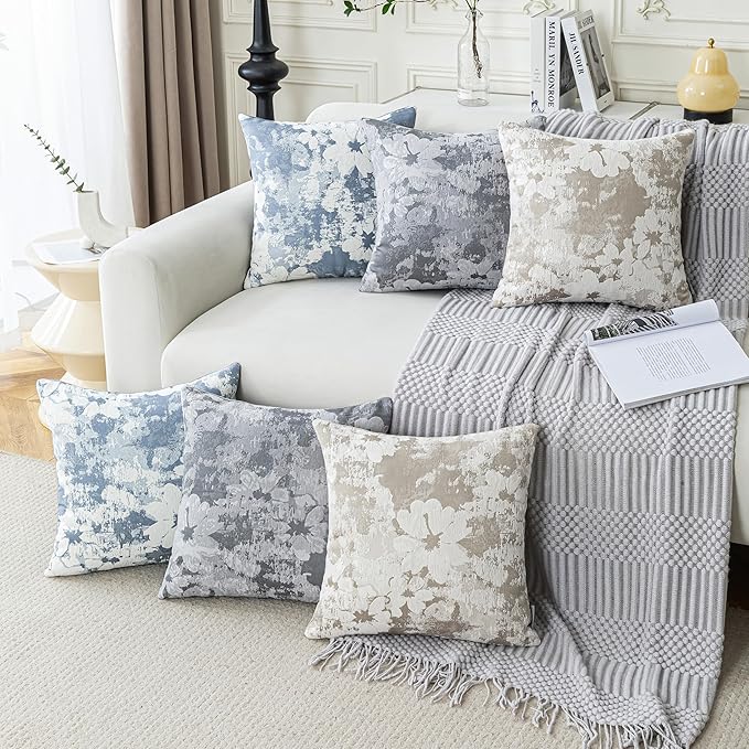 Jacquard Throw Pillow Covers 18x18 Inch Set of 2 - Vintage Floral Boho Pillow Cases with Botanical Pattern | Farmhouse Decor for Couch | Soft Textured Neutral Trio Light Khaki Warm Beige 18" x 18"-Ruum Studio Home