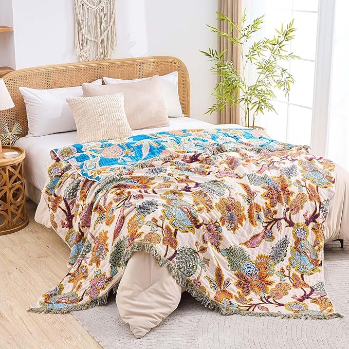 Boho Throw Blanket for Bed, 100% Cotton Soft Rustic Quilt Fall Blanket, 90"x98" Floral Printed Farmhouse Decor Bed Blankets, All Season Rustic Reversible Bohemian Throw Quilt-Ruum Studio Home