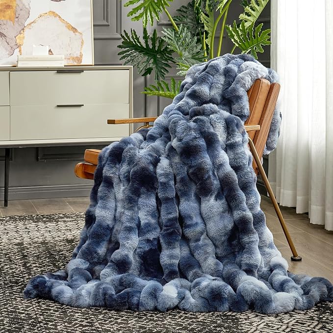 Cozy Bliss Faux Fur Throw Blanket for Couch, Fuzzy Soft Plush Thick Bubble Blanket for Sofa Bedroom Living Room, 50 * 60 Inches Tie-dye Blue-Ruum Studio Home