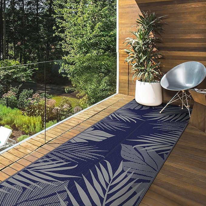 GENIMO Outdoor Rug 2.5' x 8' Waterproof for Patios Clearance, Reversible Outdoor Plastic Straw Camping Rug Carpet, Large Area Rugs Mats for RV, Camper, Deck, Balcony, Porch, Beach, Picnic, Blue&Grey-Ruum Studio Home