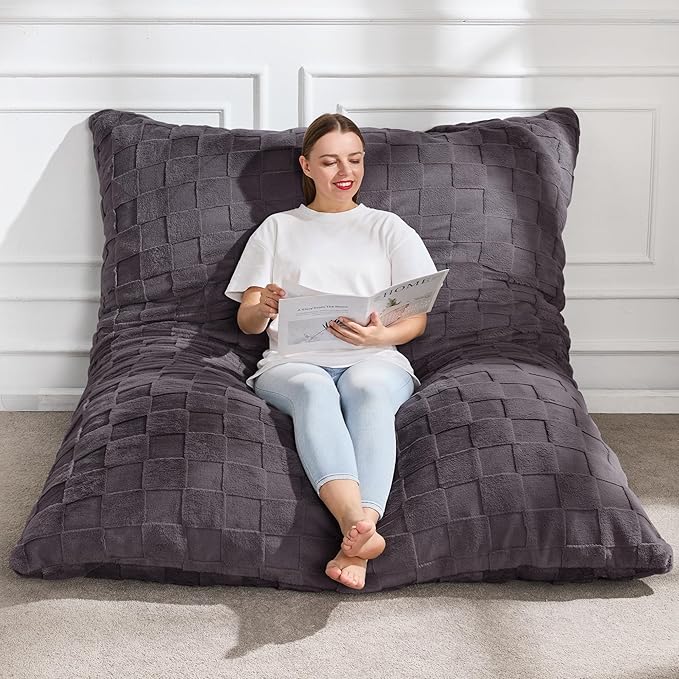 Hobestluk 3 in 1 Bean Bag Chair Giant Bean Bag Chairs for Adults with Plaid Cover Convertible Bean Bag Floor Cushion with Machine Washable Cover for Living Room (Plaid Dark Grey)-Ruum Studio Home