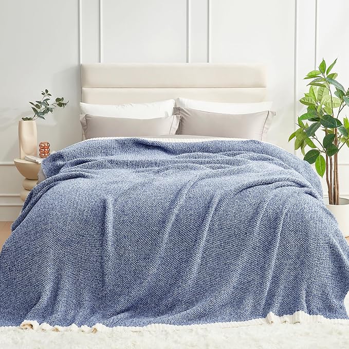 Snuggle Sac Queen Size Bedding Blankets, Super Soft Warm Oversized Blankets for Bed, Cozy Knit Fuzzy Plush Bed Blankets,Heather Royal Blue,90x90 inches-Ruum Studio Home