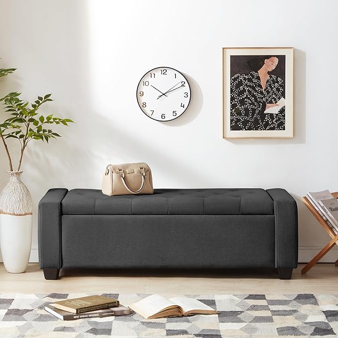 48" Ottoman with Storage, Storage Ottoman Bench with Safety Hinge, Upholstered Entryway Bench with Seating for Bedroom, Living Room, Holds up to 330 lb, Dark Gray-Ruum Studio Home