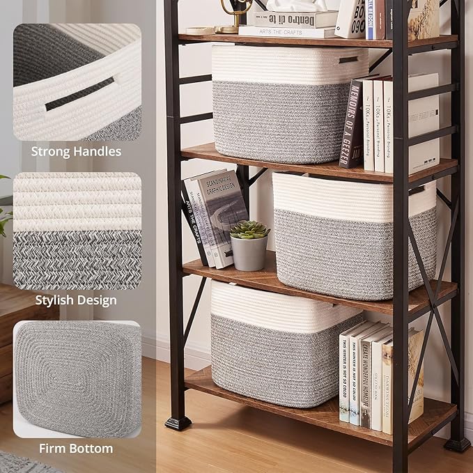 OIAHOMY 13 Kallax Inch Cube Storage Bins, 3-Pack Cotton Rope Woven Baskets for Organizing, Kallax Insert Storage Baskets for Shelves, Baby Nursery, Closet Organizer, 15*13*12.6IN, Grey & White-Ruum Studio Home