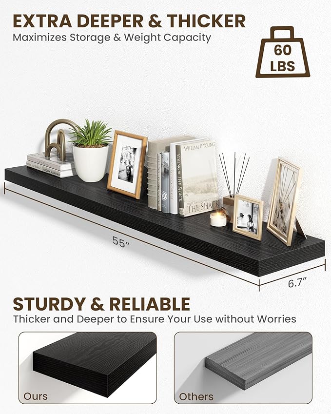 Marsmiles 55" Floating Shelves for Wall, Wooden Shelves with Invisible Brackets Set of 2, Rustic Farmhouse Wall Mounted Shelf for Kitchen Bathroom Living Room Study, Black-Ruum Studio Home