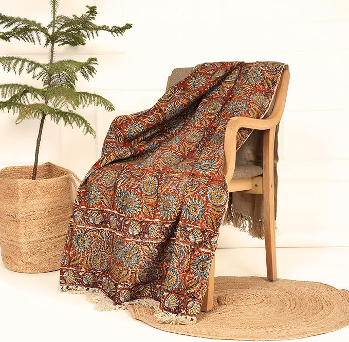 Handmade Cotton Throw Blanket | Floral Block Print in Orange & Navy | 48x70 Inches Fringed Bed Runner | Lightweight Boho Sofa Throw for Couch, Living Room & Bedroom Decor-Ruum Studio Home