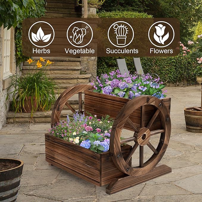 Wooden Wagon Planter Box, Garden Planter with Wheels,Decorative Planter for Flowers Herbs Vegetables for Indoor & Outdoor Décor, Flower Cart for Patio Garden Balcony-Ruum Studio Home