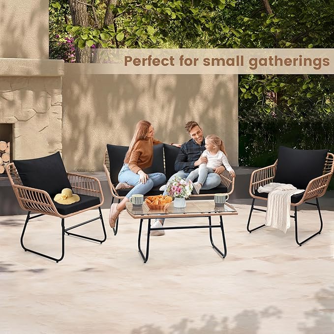 Kromax 4 Piece Patio Bistro Outdoor Furniture Set, Wicker Sofa, 2 Rattan Chairs, and Table, Backyard Conversation Set, All Weather Cushions, Natural Rattan Black Cushion-Ruum Studio Home