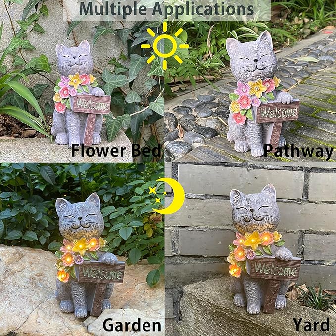 Solar Cat Garden Statue for Outdoor Decor, Cat Solar Light with Flowers, Resin Welcome Cats for Garden, Yard, Lawn Decor, Cats Lover Gifts for Women-Ruum Studio Home