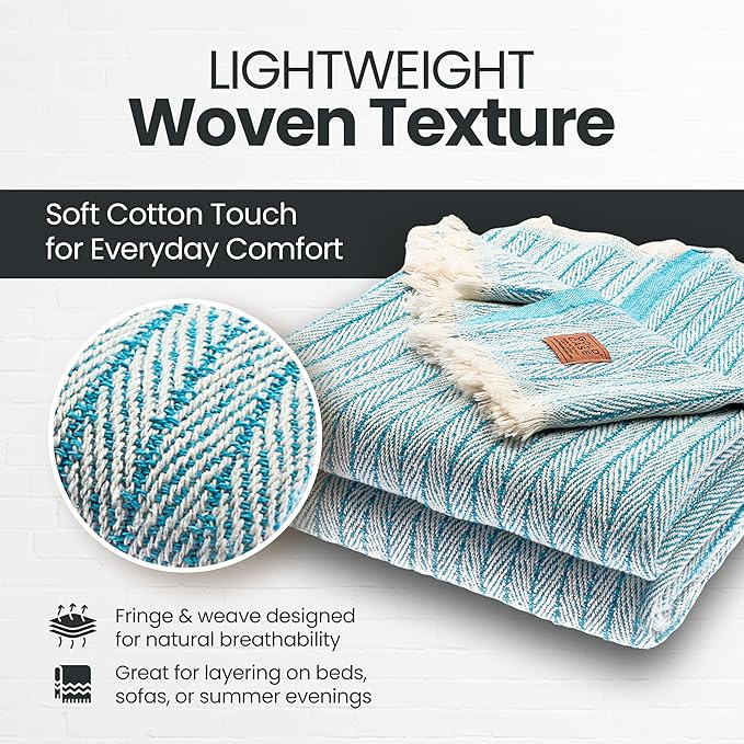 Gold Case Throw Blanket for Couch – 100% Recycled Turkish Cotton Blankets – Elegant Decorative Throw Blankets for Living Room Sofa – Woven Throws for Couch – Vintage Turquoise– 50x60 (Set of 2)-Ruum Studio Home