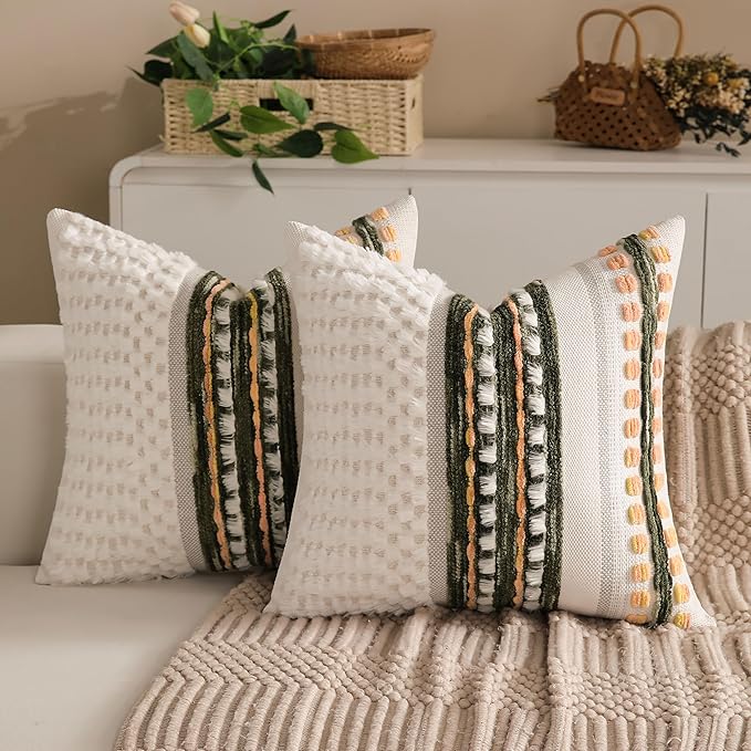 Boho Chenille Tufted Couch Throw Pillow Covers 18x18 Inch Set of 2 Farmhouse Striped Decorative Pillow Covers Accent Neutral Pillowcase Dark Green Cushion Cover for Living Room Sofa Bed-Ruum Studio Home