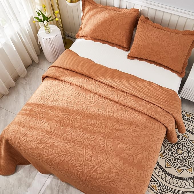 MarCielo 3-Piece 100% Cotton Oversized Bedspread Lightweight Quilt Coverlet Embroidery Farmhouse Bedding Set T0 (Royal Orange, Oversized King (118"x106"))-Ruum Studio Home