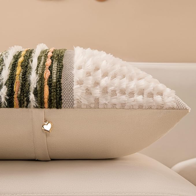 Boho Chenille Tufted Couch Throw Pillow Covers 18x18 Inch Set of 2 Farmhouse Striped Decorative Pillow Covers Accent Neutral Pillowcase Dark Green Cushion Cover for Living Room Sofa Bed-Ruum Studio Home