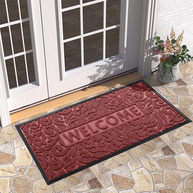 Yimobra Welcome Front Door Mat Outdoor, Heavy Duty Sturdy Non Slip Doormats, Rubber Backing, Low-Profile Entrance Rugs, Absorbent Resist Dirt, Easy Clean Patio Garage Floor Mats, 47X24 Inch, Wine Red-Ruum Studio Home