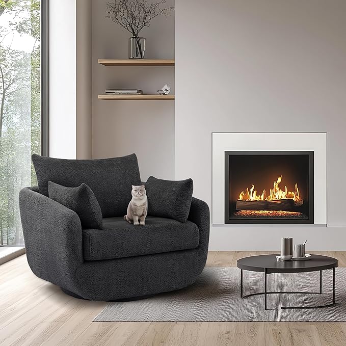 360° Swivel Accent Armchair, 39.3" Oversized, Sherpa Boucle Fabric Sofa Chair with Removable Back & Arm Pillows, Swivel Chair with Cozy Soft Padded, No Assembly Required (1, Dark Gray)-Ruum Studio Home