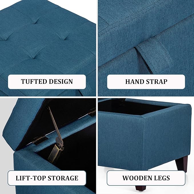 Adeco Square Fabric Storage Ottoman with Tufted Flip Top, 18x18x15-Ruum Studio Home