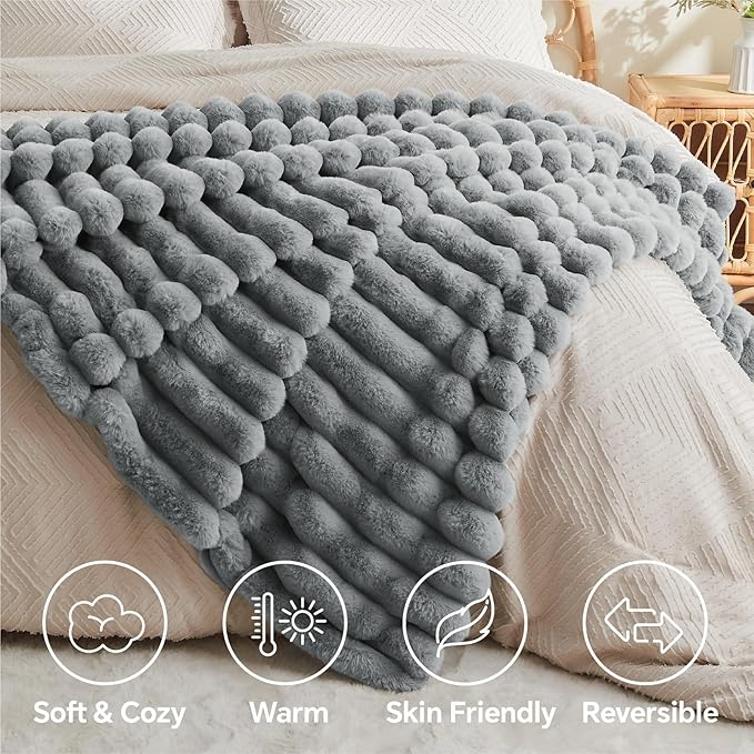 BEDELITE Faux Fur Throw Blanket for Couch, Soft and Cozy Luxurious 3D Striped Fluffy Blanket, 770GSM Thick Warm Plush Fuzzy Faux Rabbit Fur Blanket for Women Gift (Crey, 50"x 60")-Ruum Studio Home