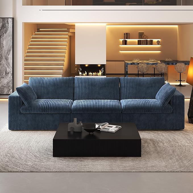 118" 3-Seater Cloud Sofa,Modular Sectional Couch,Modern Deep Seat Upholstered Couches with Plush Corduroy Fabric for Living Room Furniture,Bedroom and Apartment,No Assembly Required,Blue-Ruum Studio Home