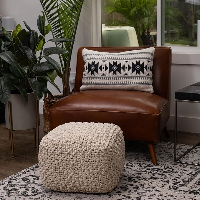 BIRDROCK HOME Square Pouf Ottoman | Cotton Braided Foot Stool with Bean Bag Filling | Boho Foot Rest for Living Room, Bedroom | Compact & Comfortable Seating, Lightweight & Sturdy | Natural-Ruum Studio Home