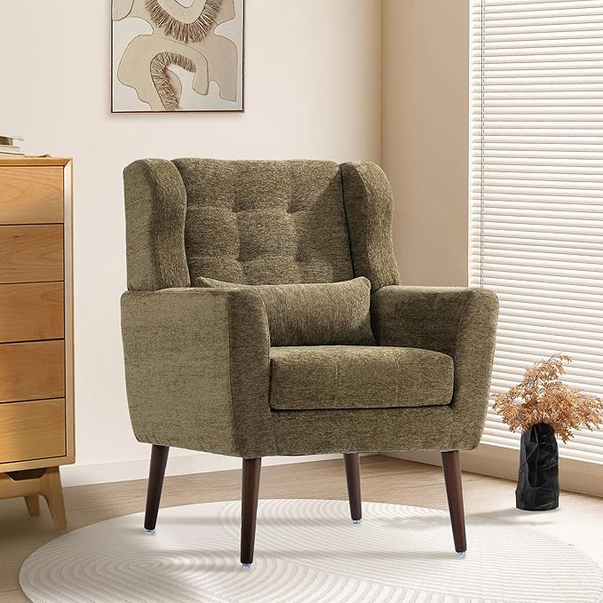 Modern Accent Chair, Upholstered Armchair with Pillow, Fabric Single Sofa Chair with Lounge Seat and Wood Legs Accent Chair for Living Room Bedroom Small Spaces (Avocado, Set of 1)-Ruum Studio Home