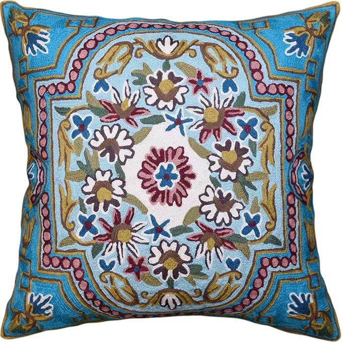 Turquoise Floral Pillow Cover Traditional Blue Flower Pillowcase Traditional Outdoor Cushion Suzani Flower Throw Florals Chair Farmhouse Hand Embroidered Cushions Wool 18x18 Inch-Ruum Studio Home