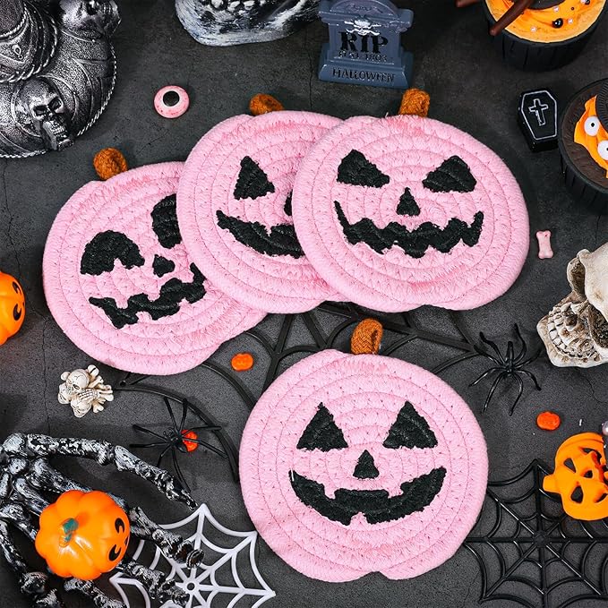 Whaline Halloween Pumpkin Cotton Coasters Pink Pumpkin Face Handmade Braided Drink Coasters Absorbent Cup Mats for Trick or Treat Party Home Table Decor, Set of 4-Ruum Studio Home