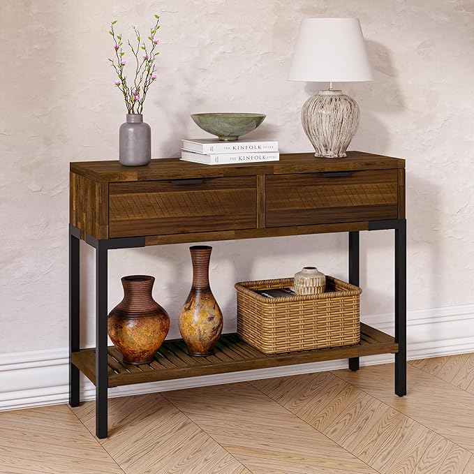 Bme Millie Farmhouse Solid Wood Console Table with 2 Drawers & Storage Shelves, 43" Boho Sofa Table for Entryway, Hallway, Living Room, Rustic Chestnut-Ruum Studio Home