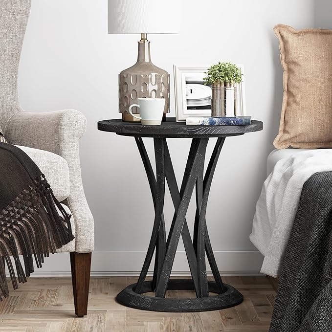 Round Farmhouse End Table with Crisscross Pedestal Base, Distressed Finish Side Table Rustic Accent Table for Living Room, Pine Wood, Black-Ruum Studio Home