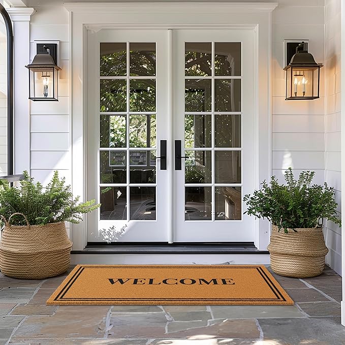 Barnyard Designs Natural Coco Coir Heavy Duty Backing Doormat - Large Cute Non-Slip Front Door Welcome Mat for Outside Entrance or Porch Entry, Brown (36x72, Welcome)-Ruum Studio Home