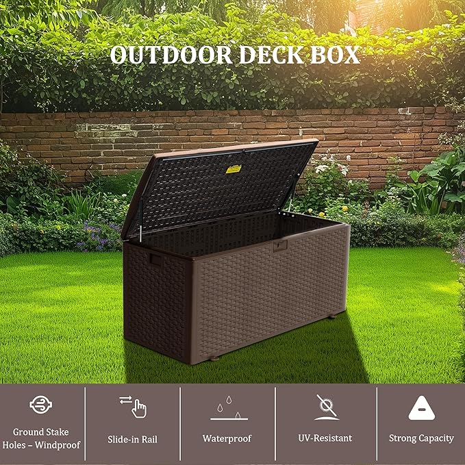 Premium Pro Edition 180 Gallon Lockable Resin Deck Box, Waterproof & UV-Resistant Outdoor Storage Box for Outdoor Cushion Storage, Garden Tools & Pool Accessories Storage, Brown-Ruum Studio Home