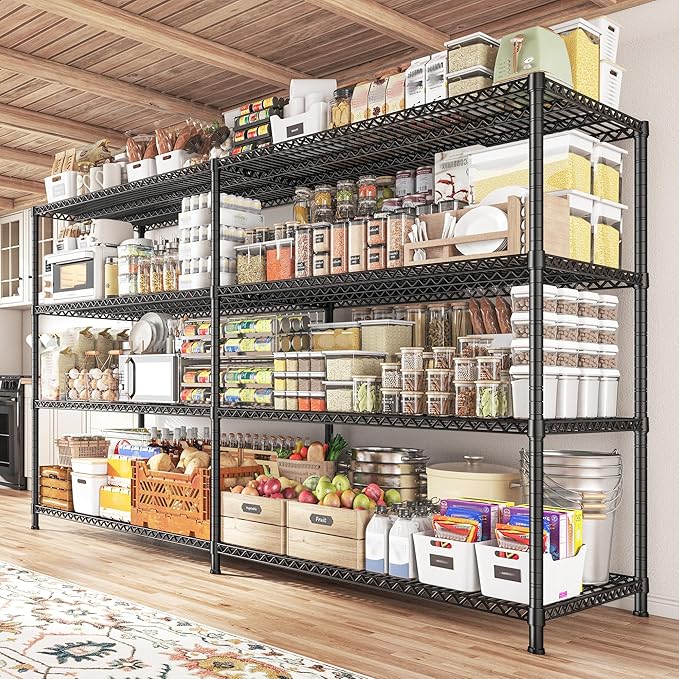 REIBII 81.5''W Storage Shelves 3680LBS Garage Shelving Heavy Duty 4 Tier Metal Shelving Unit Adjustable Wire Shelf and Storage Pantry Shelves for Kitchen Garage, 81.5Wx23.62Dx70.86H，Black, 2PCS-Ruum Studio Home