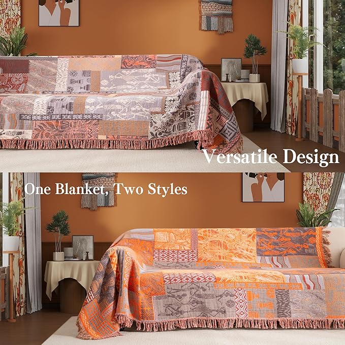 Boho Throw Blanket Twin Size, Soft Cozy Cotton Muslin Quilt Blanket for Bed Decor, Patchwork Block Couch Sofa Chair Cover, Vintage Farmhouse Cottage Tapestry Woven Blanket, Red&Orange-Ruum Studio Home