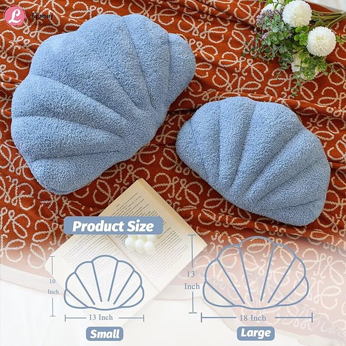 Dusty Blue Seashell Throw Pillows, Shell Shaped Throw Pillows, 13 Inch Soft Home Decorative Pillow Plush Cushion for Bed Couch Living Sofa Room Decor Accent Throw Pillow-Ruum Studio Home