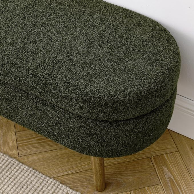 Oval Storage Bench 43.5" Linen Fabric Upholstered Entryway Bench with Solid Wood Legs Ottoman Bench Indoor Bench for Living Room/Bedroom/End of Bed/Entryway (Dark Green)-Ruum Studio Home