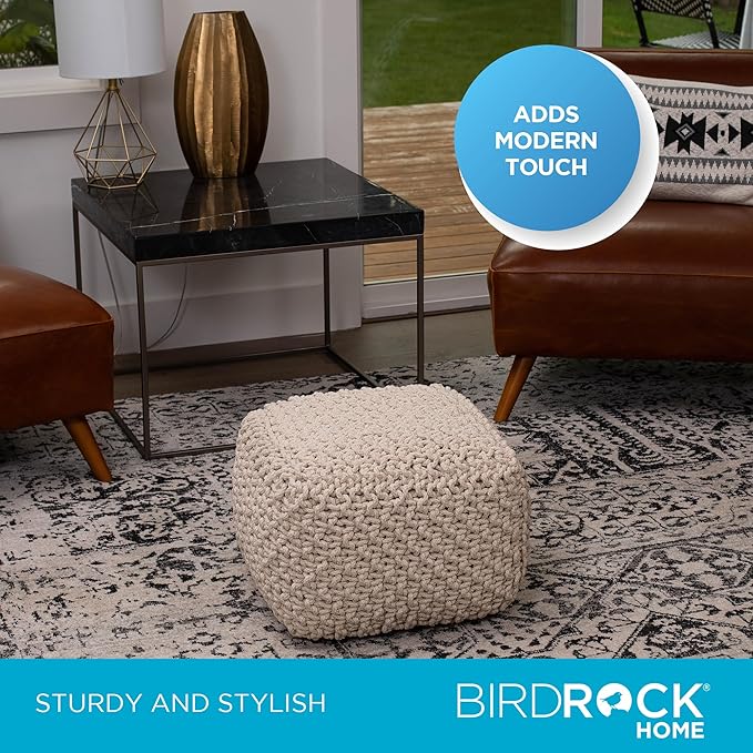 BIRDROCK HOME Square Pouf Ottoman | Cotton Braided Foot Stool with Bean Bag Filling | Boho Foot Rest for Living Room, Bedroom | Compact & Comfortable Seating, Lightweight & Sturdy | Natural-Ruum Studio Home