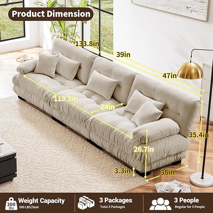 Modular Sectional Sofa Cloud Couch 3-Seater Deep Seat Sofa Couch, Oversized Couch Bed Sectional Couch with Round Bolster Armrests 5 Pillows, Modern Sofa Chair Comfy Couch-Ruum Studio Home