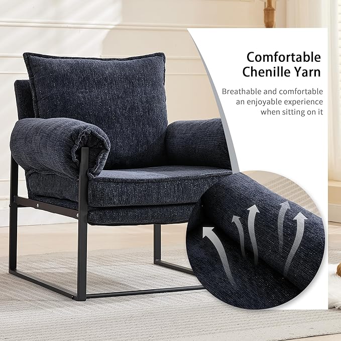 YISHENG Accent Chair with 6-Angle Adjustable Backrest, Chenille Fabric Living Room Chair Upholstered Lounge Chair, Modern Chair Cozy Reclining Chair for Reading Room, 1PC Dark Blue-Ruum Studio Home