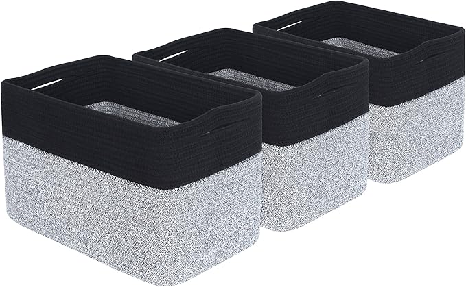MINTWOOD Design 3-Pack Storage Baskets for Shelves, Playroom Classroom Storage Basket, Book Basket, Decorative Storage Cube Bins, Woven Closet Organizers, Pantry and Shoe Organizer, Black Light Grey-Ruum Studio Home