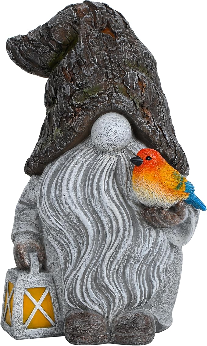 Mood Lab Garden Gnome - Stone Gnome Figurine - 9.1 Inch Tall Lawn Statue with Bird - for Outdoor or House Decor-Ruum Studio Home