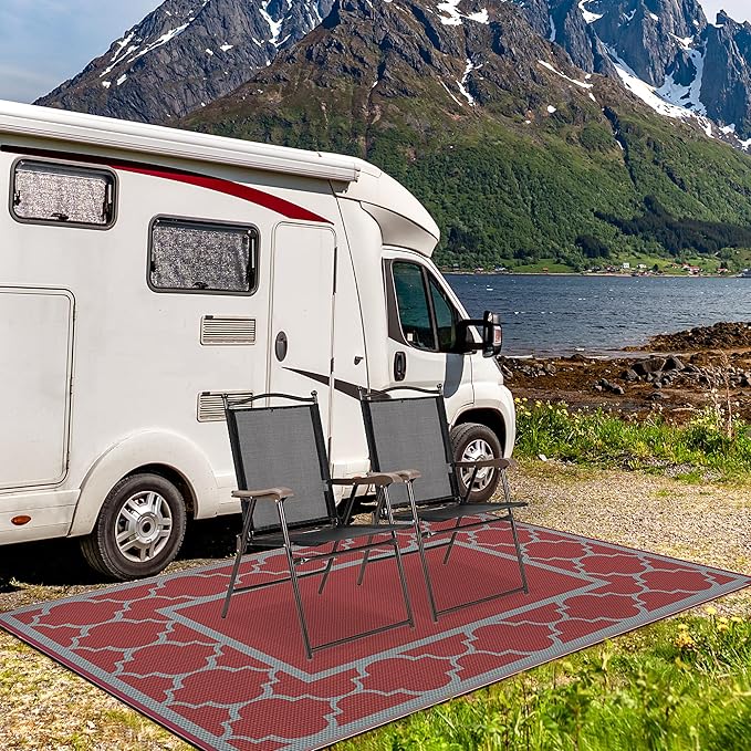 GENIMO 5' x 8' Outdoor Rug Waterproof for Patio Decor, Foldable Reversible Plastic Straw Area Rugs Mat for Camper, Outside Carpet for Rv, Deck, Porch, Picnic, Beach, Balcony, Red & Grey-Ruum Studio Home