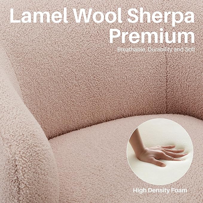 Swivel Accent Chair, Sherpa Teddy Barrel Chair for Living Room, Cozy Round Boucle Arm Chair, Metal Base for Club Nursery Bedroom, Light Blush Pink-Ruum Studio Home