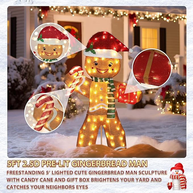5FT Gingerbread Man with Candy Cane and Gift Box Decoration, 2.5D Pre-Lit Gingerbread Man Decor with 120 LED Lights for Christmas, Freestanding Glittered Holiday Display for Outdoor, Indoor-Ruum Studio Home