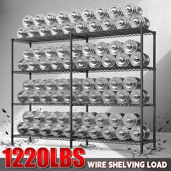 REIBII 61.7''W Storage Shelves Load 1220LBS Wire Shelving Unit 4 Tier Metal Shelving for Storage Rack Shelves Heavy Duty Garage Shelf Pantry Shelves Kitchen Shelving, 61.7" W*62.9" H*15.8" D, Black-Ruum Studio Home