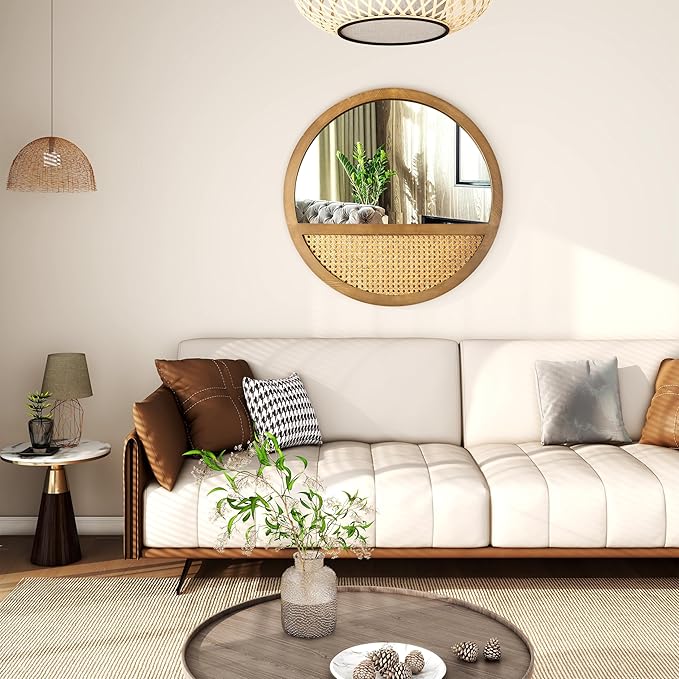 Rattan Round Mirror, 24 Inch Wall Mirror for Living Room Decor, Wooden Framed, Vintage Hanging Mirror, Hand-Woven for Wall Art Decoration-Ruum Studio Home