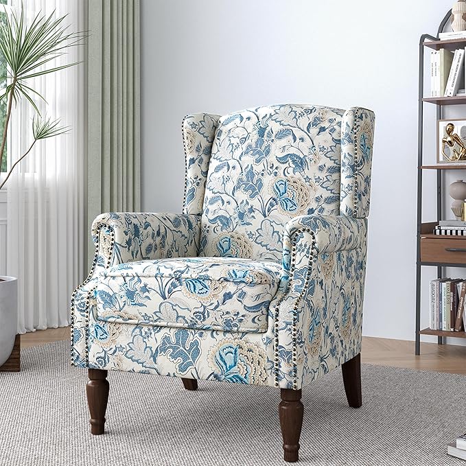 Lumibee High Back Accent Chair, Armchair in Fabric,Comfy Upholstered Wingback Single Sofa Reading Chair with Solid Wood Legs for Living Room,Bedroom,Office-Boho Blue-Ruum Studio Home