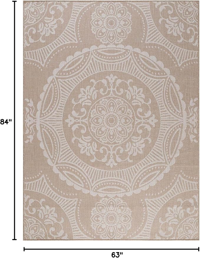 Medallion Outdoor Rug 5x7 Washable Outside Carpet for Indoor Patio Porch Waterproof Easy Cleaning Non Shedding Area Rugs Beige 5 x 7-Ruum Studio Home