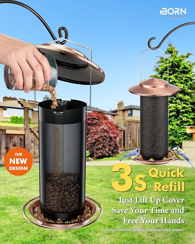 iBorn Bird Feeders for Outdoors, All Metal Mesh Tube, Holding Bird Seed for Outside Feeders,18cm Large Roof, Copper, 2.8lb(Seed is not Included)-Ruum Studio Home