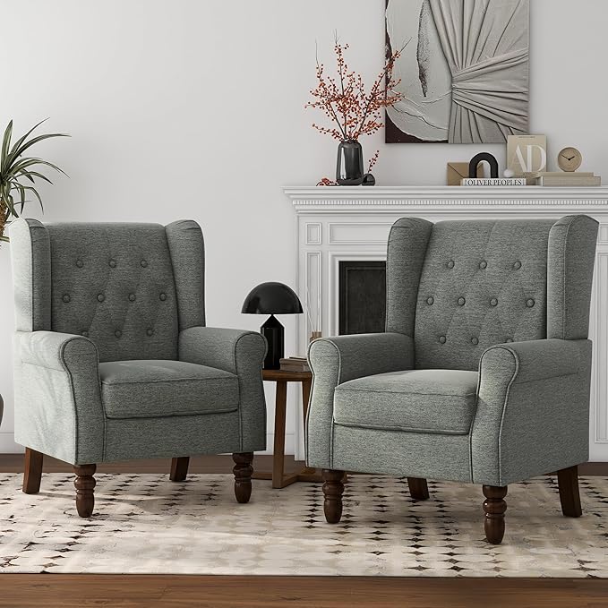 Lumibee High Back Accent Chair Set of 2,Upholstered Wingback Armchair with Solid Wood Legs for Small Spaces,Comfy Single Sofa Chair for Living Room,Bedroom,Office-Gray-Ruum Studio Home