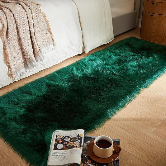 AMTOVO Faux Fur Rug, Dark Green Ultra Soft Fluffy Shag Sheepskin Rug, 2 x 6 ft Runner Area Rugs for Bedroom Sofa Throw Cushion Room Decor, Rectangle-Ruum Studio Home